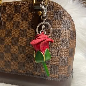 Leather rose flower bag charm keychain